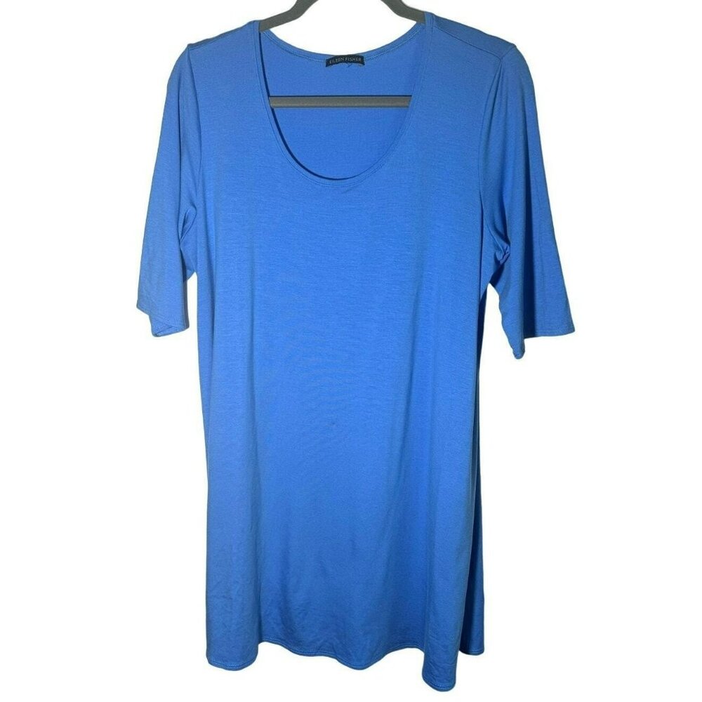 Eileen Fisher Canary Blue Soft Scoop Neck Relaxed Fit Tunic Top Womens L Tencel